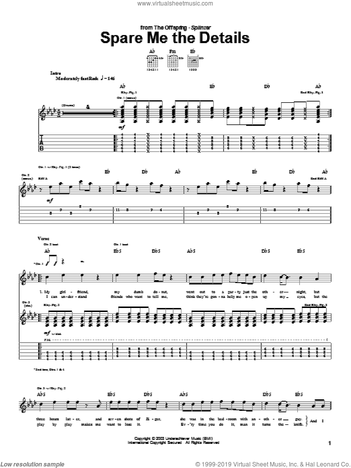 Spare Me The Details sheet music for guitar (tablature) by The Offspring, intermediate skill level