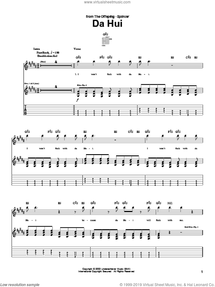 Da Hui sheet music for guitar (tablature) by The Offspring, intermediate skill level