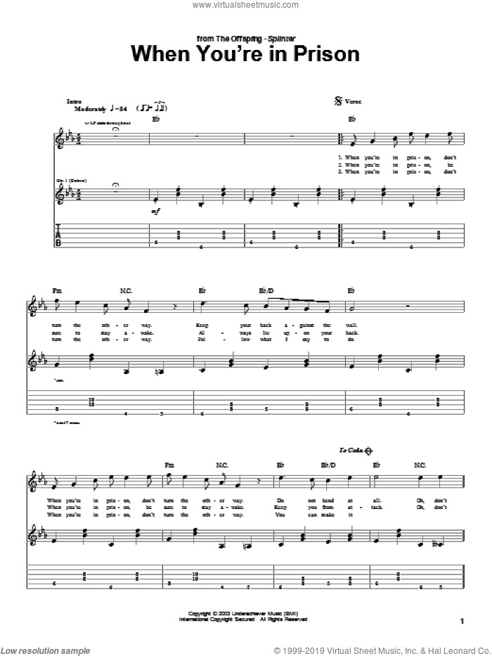 When You're In Prison sheet music for guitar (tablature) by The Offspring, intermediate skill level