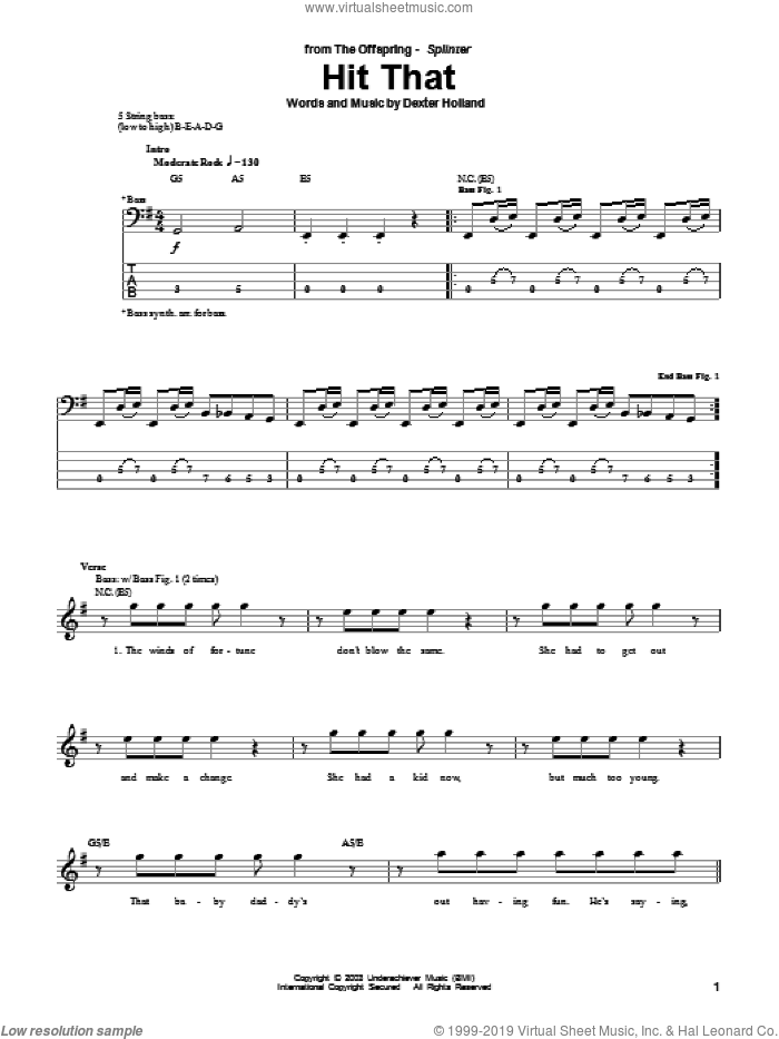 Hit That sheet music for bass (tablature) (bass guitar) by The Offspring and Dexter Holland, intermediate skill level