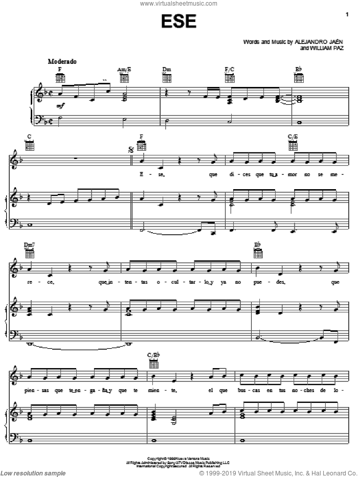 Ese sheet music for voice, piano or guitar by Jerry Rivera, Alejandro Jaen and William Paz, intermediate skill level