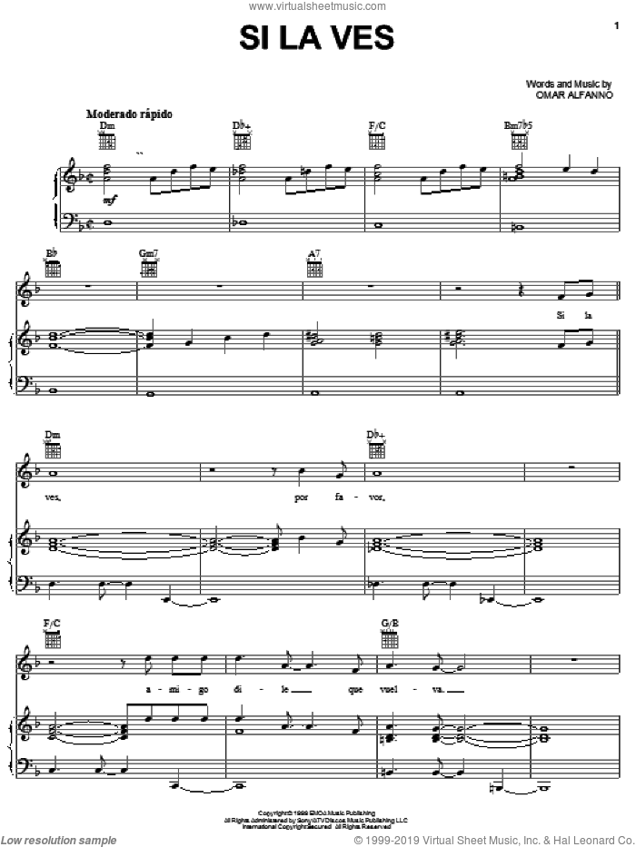 Si La Ves sheet music for voice, piano or guitar by Omar Alfanno, intermediate skill level