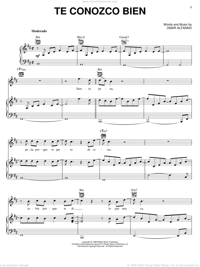 Te Conozco Bien sheet music for voice, piano or guitar by Marc Anthony and Omar Alfanno, intermediate skill level