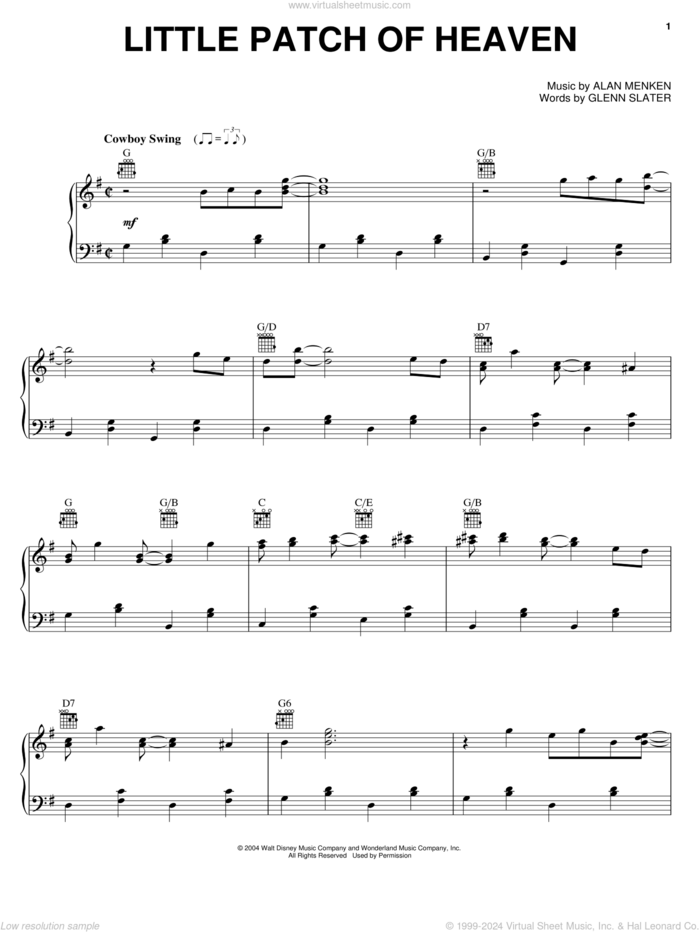 Little Patch Of Heaven sheet music for voice, piano or guitar by K.D. Lang, Home On The Range (Movie), Alan Menken and Glenn Slater, intermediate skill level