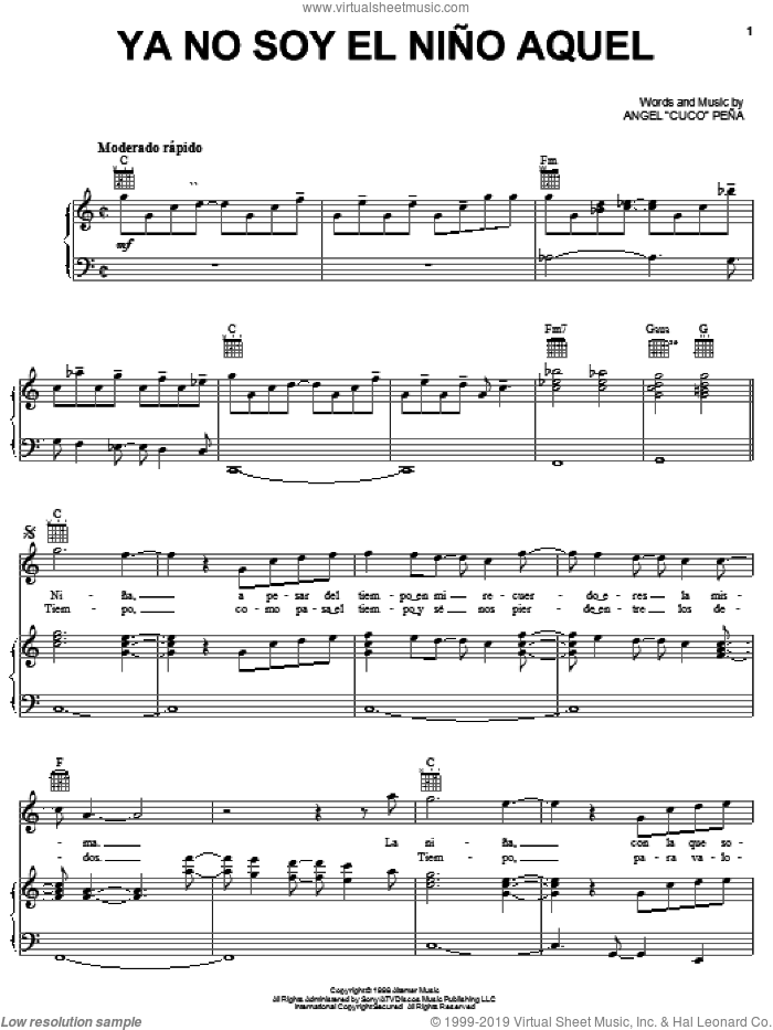 Ya No Soy El Nino Aquel sheet music for voice, piano or guitar by Jerry Rivera and Angel 'Cuco' Pena, intermediate skill level