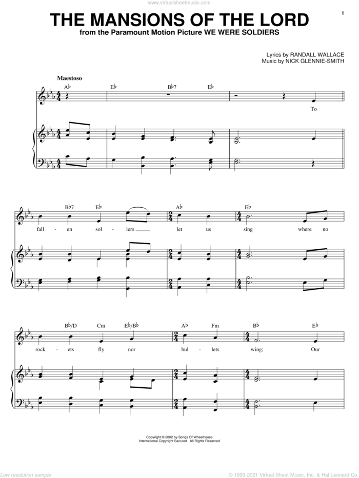 The Mansions Of The Lord sheet music for voice and piano by Randall Wallace and Nick Glennie-Smith, intermediate skill level