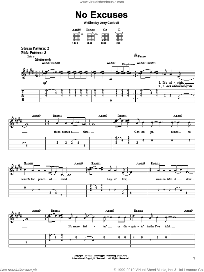 No Excuses sheet music for guitar solo (easy tablature) by Alice In Chains and Jerry Cantrell, easy guitar (easy tablature)