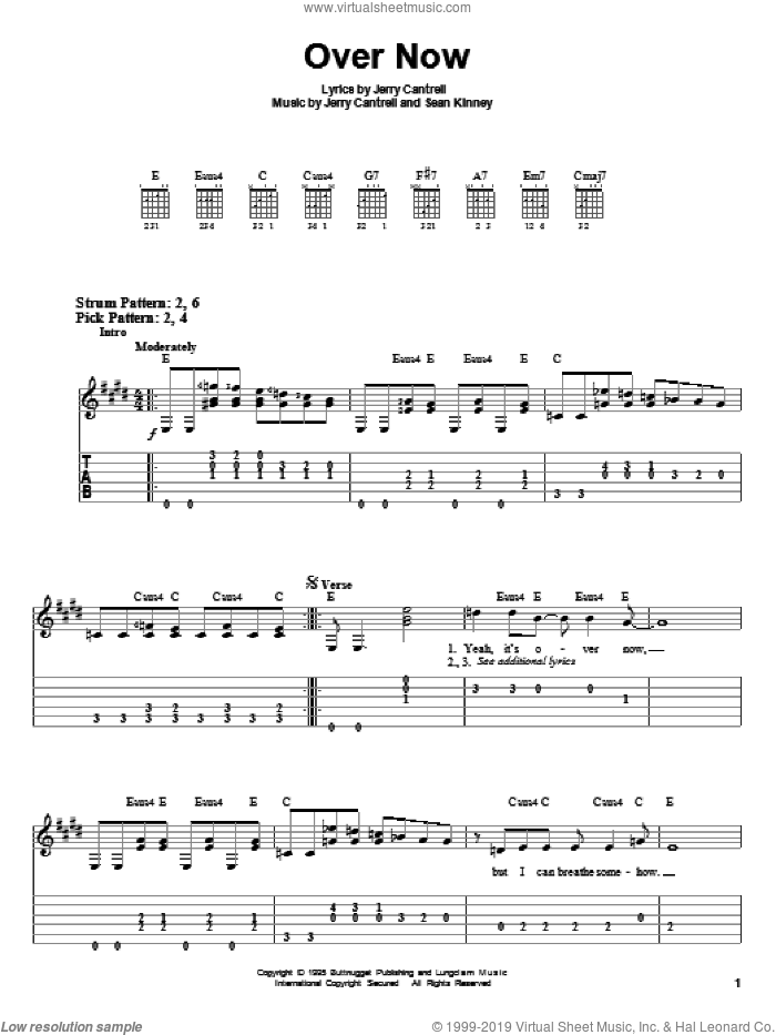 Over Now sheet music for guitar solo (easy tablature) by Alice In Chains, Jerry Cantrell and Sean Kinney, easy guitar (easy tablature)