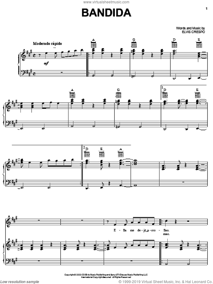 Bandida sheet music for voice, piano or guitar by Elvis Crespo, intermediate skill level