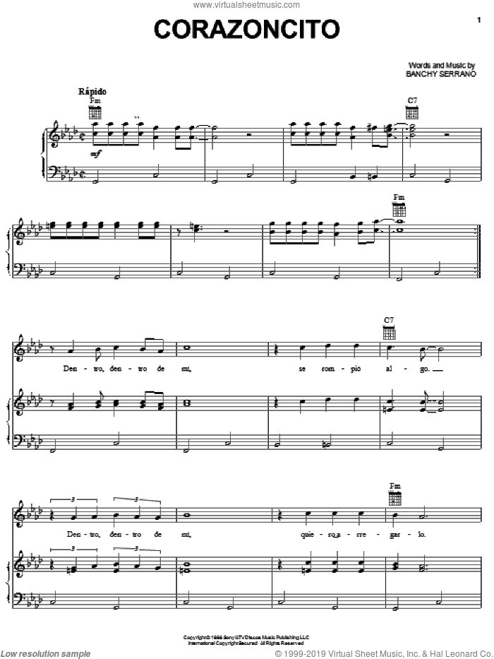 Corazoncito sheet music for voice, piano or guitar by Grupo Mania and Banchy Serrano, intermediate skill level