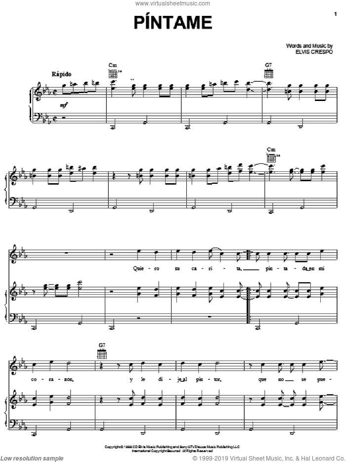 Pintame sheet music for voice, piano or guitar by Elvis Crespo, intermediate skill level