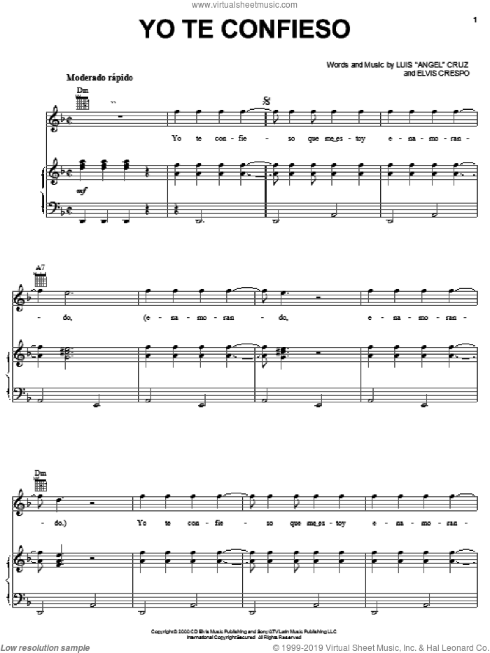 Yo Te Confieso sheet music for voice, piano or guitar by Anthony, Elvis Crespo and Luis 'Angel' Cruz, intermediate skill level