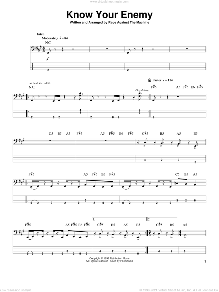 Know Your Enemy sheet music for bass (tablature) (bass guitar) by Rage Against The Machine, intermediate skill level