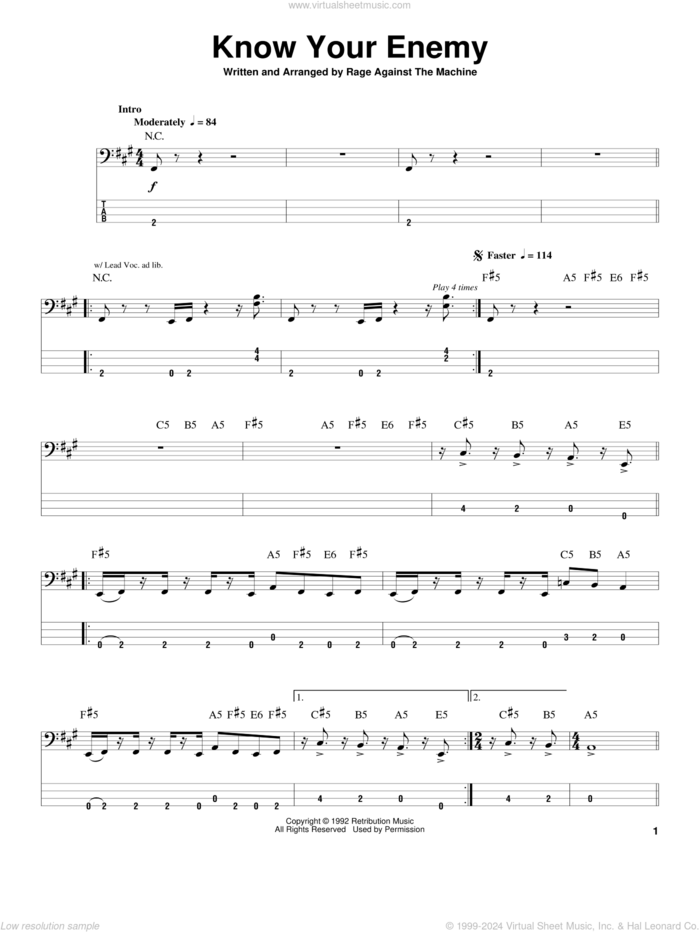 Know Your Enemy sheet music for bass (tablature) (bass guitar) by Rage Against The Machine, intermediate skill level