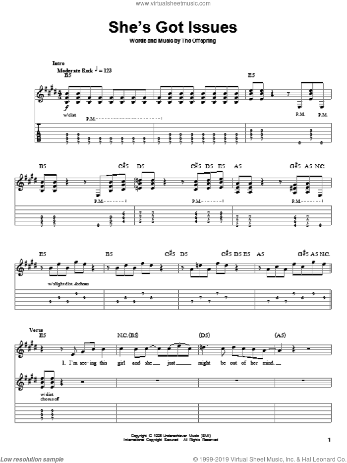 She's Got Issues sheet music for guitar (tablature, play-along) by The Offspring, intermediate skill level