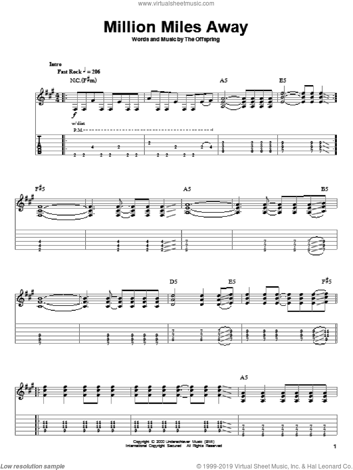 Million Miles Away sheet music for guitar (tablature, play-along) by The Offspring, intermediate skill level