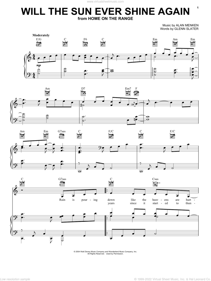 Will The Sun Ever Shine Again sheet music for voice, piano or guitar by Bonnie Raitt, Home On The Range (Movie), Alan Menken and Glenn Slater, intermediate skill level