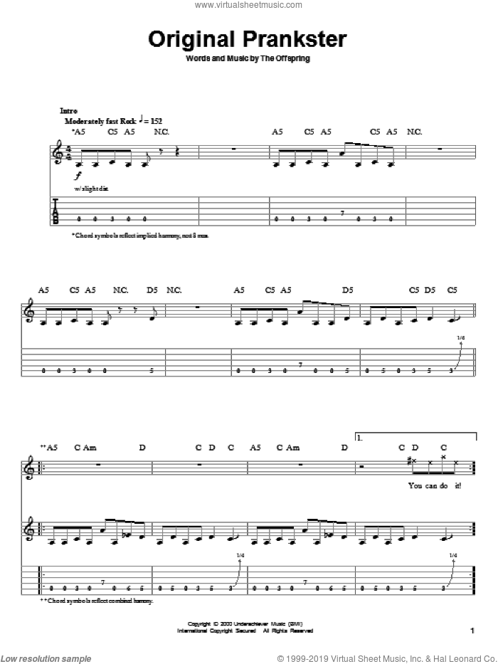 Original Prankster sheet music for guitar (tablature, play-along) by The Offspring and Dexter Holland, intermediate skill level