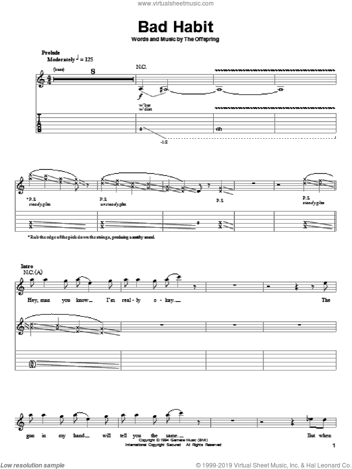 Bad Habit sheet music for guitar (tablature, play-along) by The Offspring, intermediate skill level