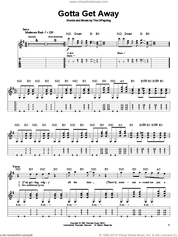 Gotta Get Away sheet music for guitar (tablature, play-along) by The Offspring and Dexter Holland, intermediate skill level