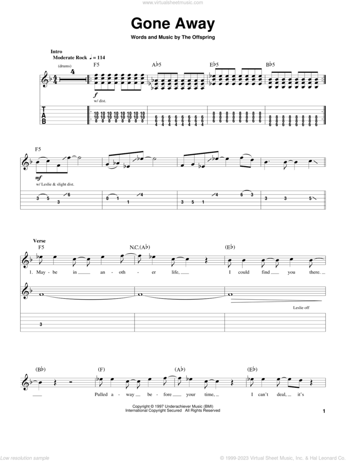 Gone Away sheet music for guitar (tablature, play-along) by The Offspring and Dexter Holland, intermediate skill level
