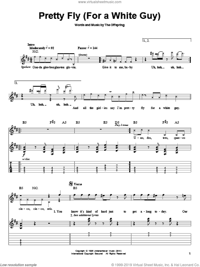 Pretty Fly (For A White Guy) sheet music for guitar (tablature, play-along) by The Offspring and Dexter Holland, intermediate skill level