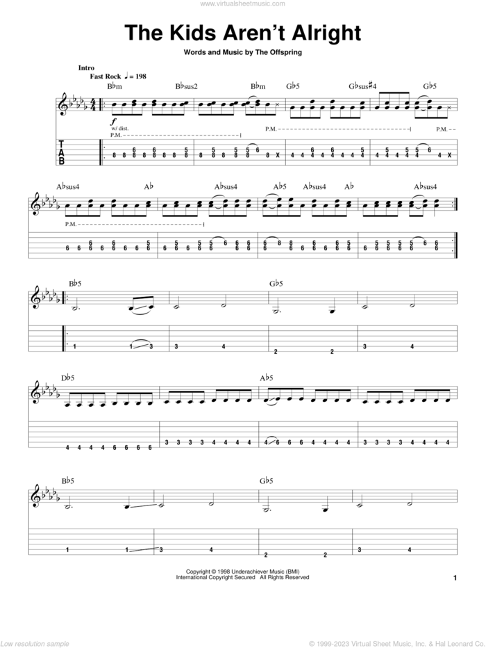 The Kids Aren't Alright sheet music for guitar (tablature, play-along) by The Offspring and Dexter Holland, intermediate skill level