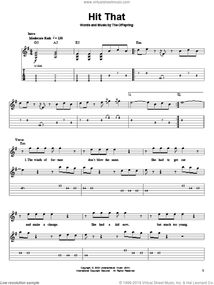 Hit That sheet music for guitar (tablature, play-along) by The Offspring and Dexter Holland, intermediate skill level