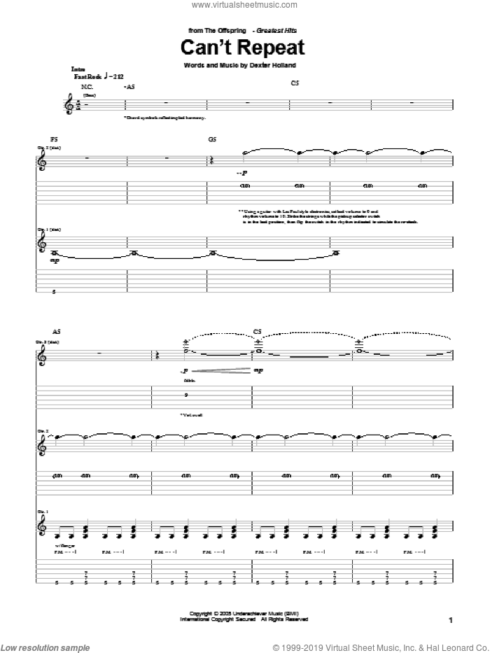 Can't Repeat sheet music for guitar (tablature) by The Offspring and Dexter Holland, intermediate skill level