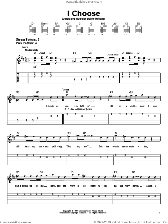 I Choose sheet music for guitar solo (easy tablature) by The Offspring, easy guitar (easy tablature)