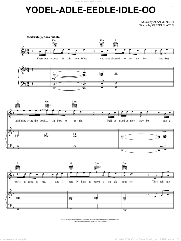 Yodel-Adle-Eedle-Idle-Oo sheet music for voice, piano or guitar by Randy Quaid, Home On The Range (Movie), Alan Menken and Glenn Slater, intermediate skill level