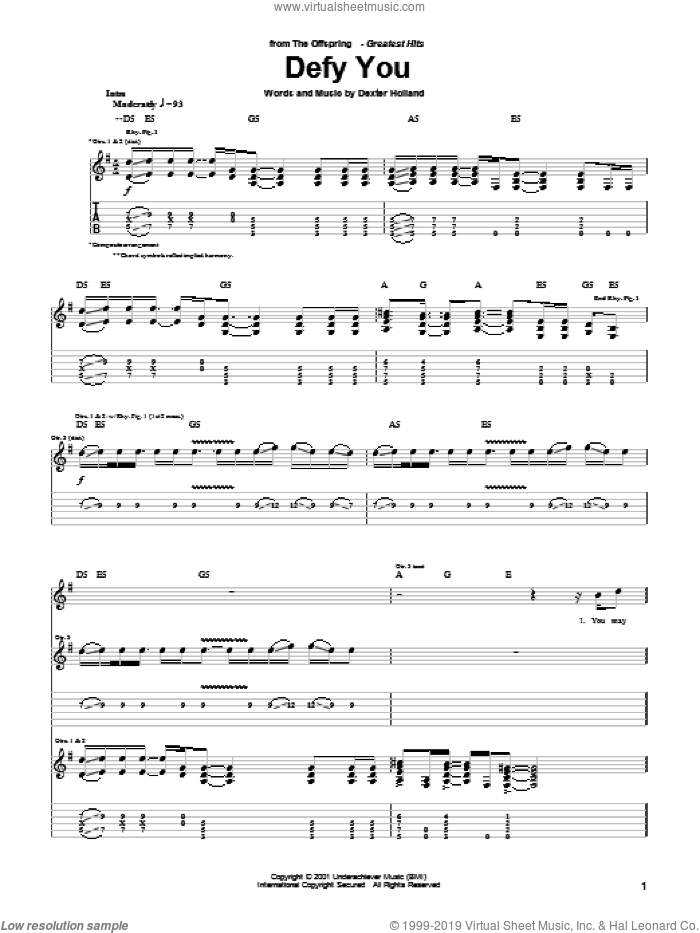 Defy You sheet music for guitar (tablature) by The Offspring and Dexter Holland, intermediate skill level