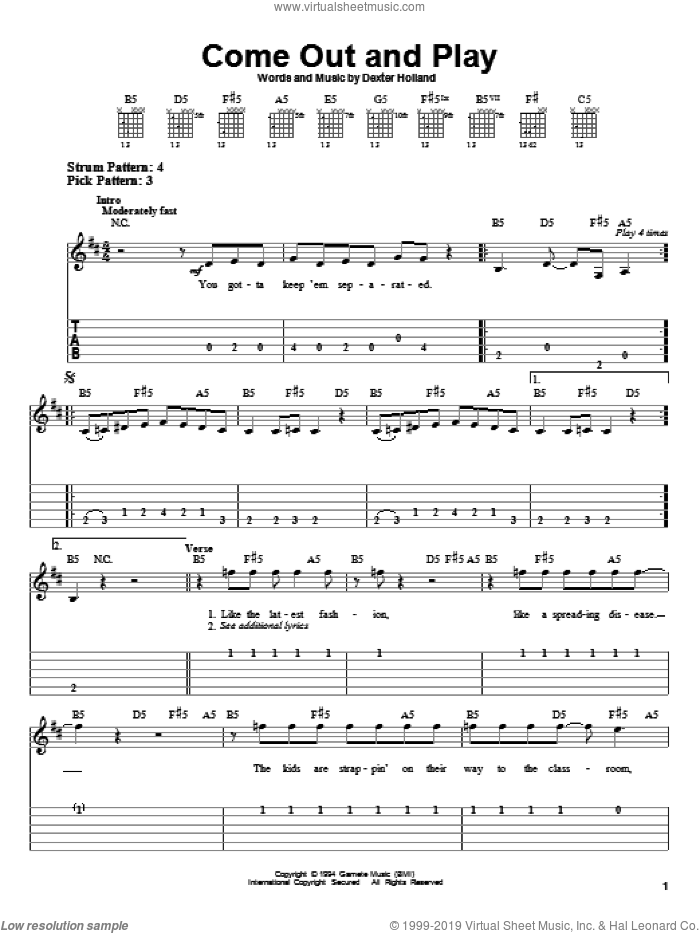 Come Out And Play sheet music for guitar solo (easy tablature) by The Offspring and Dexter Holland, easy guitar (easy tablature)