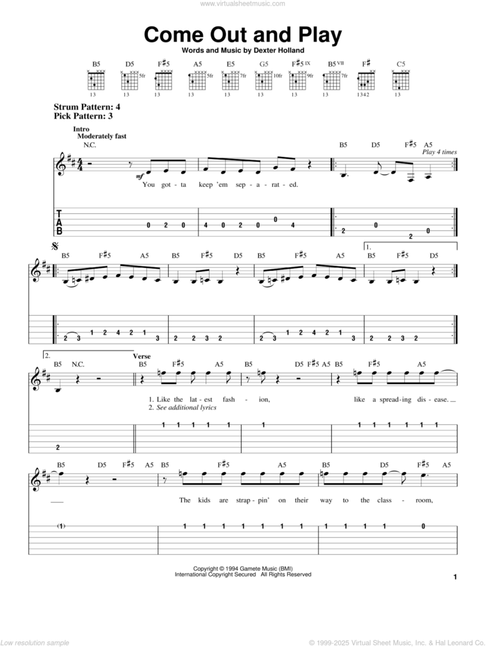 Come Out And Play sheet music for guitar solo (easy tablature) by The Offspring and Dexter Holland, easy guitar (easy tablature)