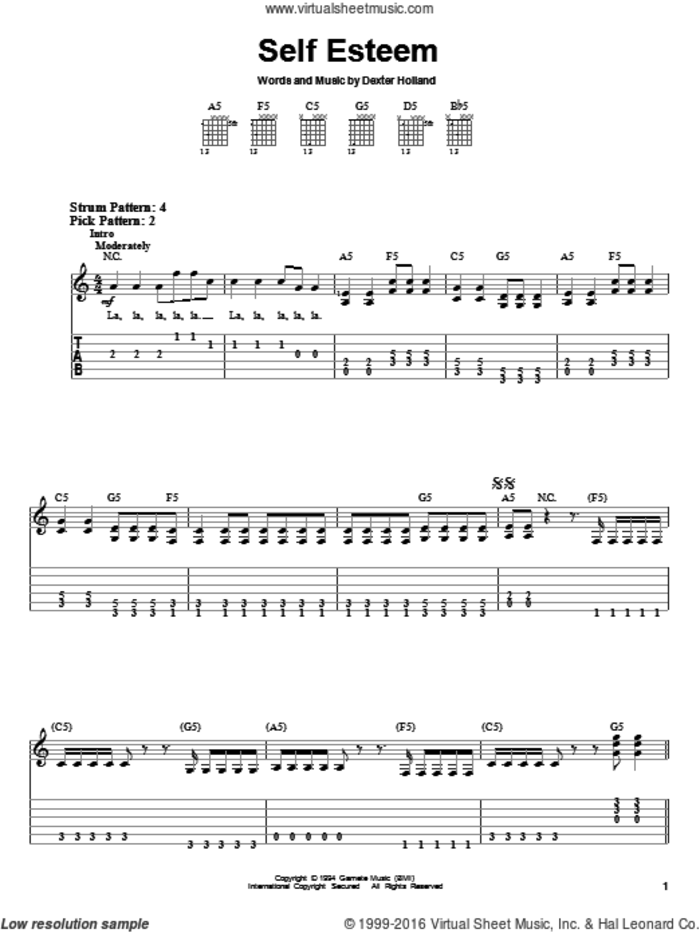Self Esteem sheet music for guitar solo (easy tablature) by The Offspring and Dexter Holland, easy guitar (easy tablature)