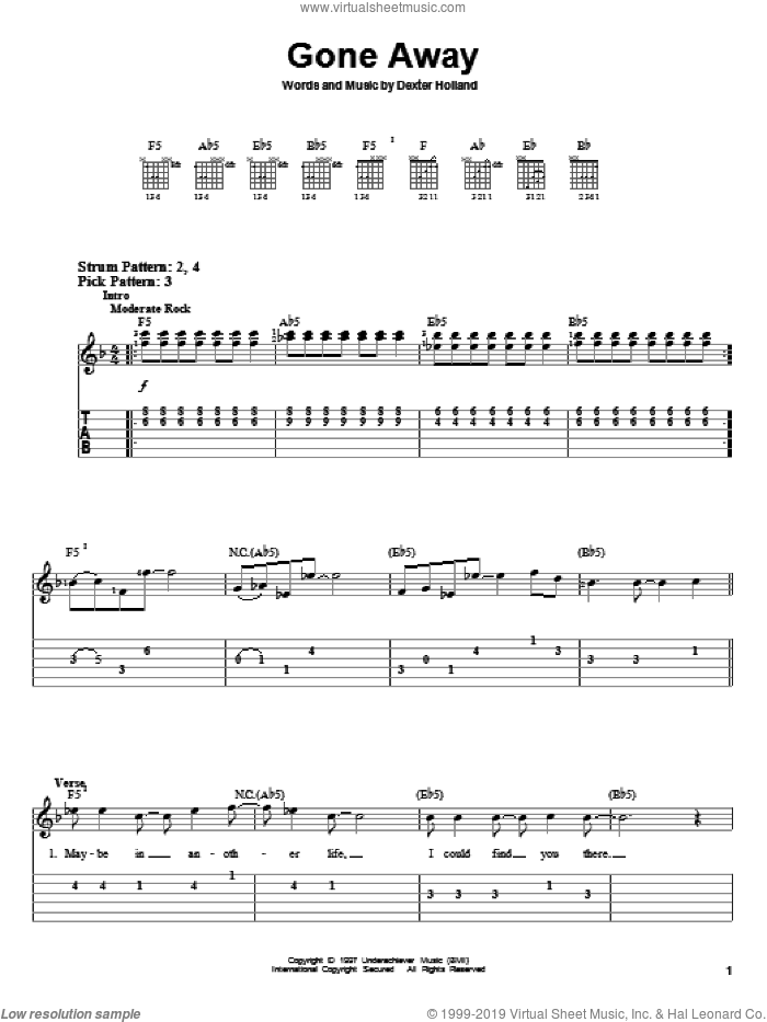 Gone Away sheet music for guitar solo (easy tablature) by The Offspring and Dexter Holland, easy guitar (easy tablature)