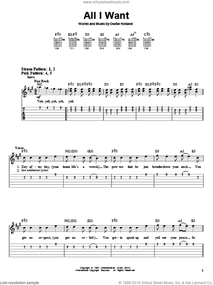 All I Want sheet music for guitar solo (easy tablature) by The Offspring and Dexter Holland, easy guitar (easy tablature)