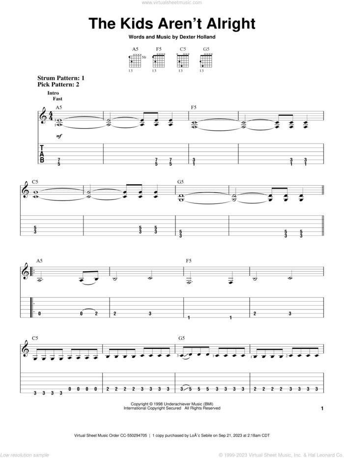 The Kids Aren't Alright sheet music for guitar solo (easy tablature) by The Offspring and Dexter Holland, easy guitar (easy tablature)