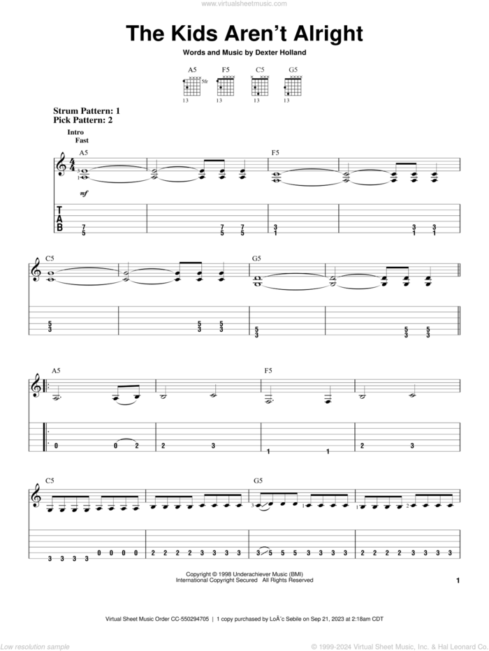 The Kids Aren't Alright sheet music for guitar solo (easy tablature) by The Offspring and Dexter Holland, easy guitar (easy tablature)