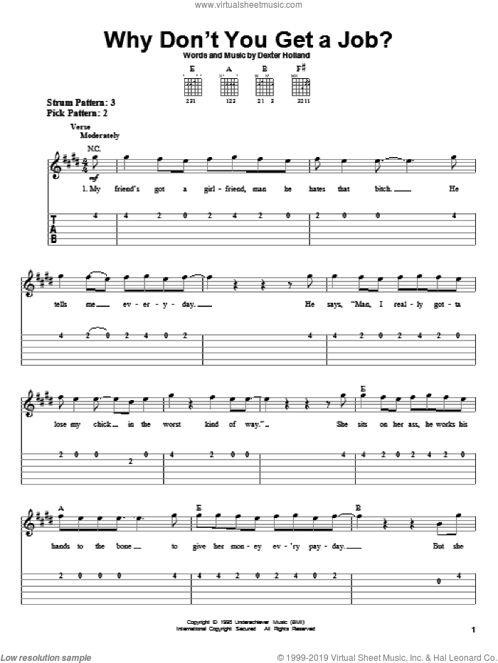Why Don't You Get A Job? sheet music for guitar solo (easy tablature) by The Offspring and Dexter Holland, easy guitar (easy tablature)