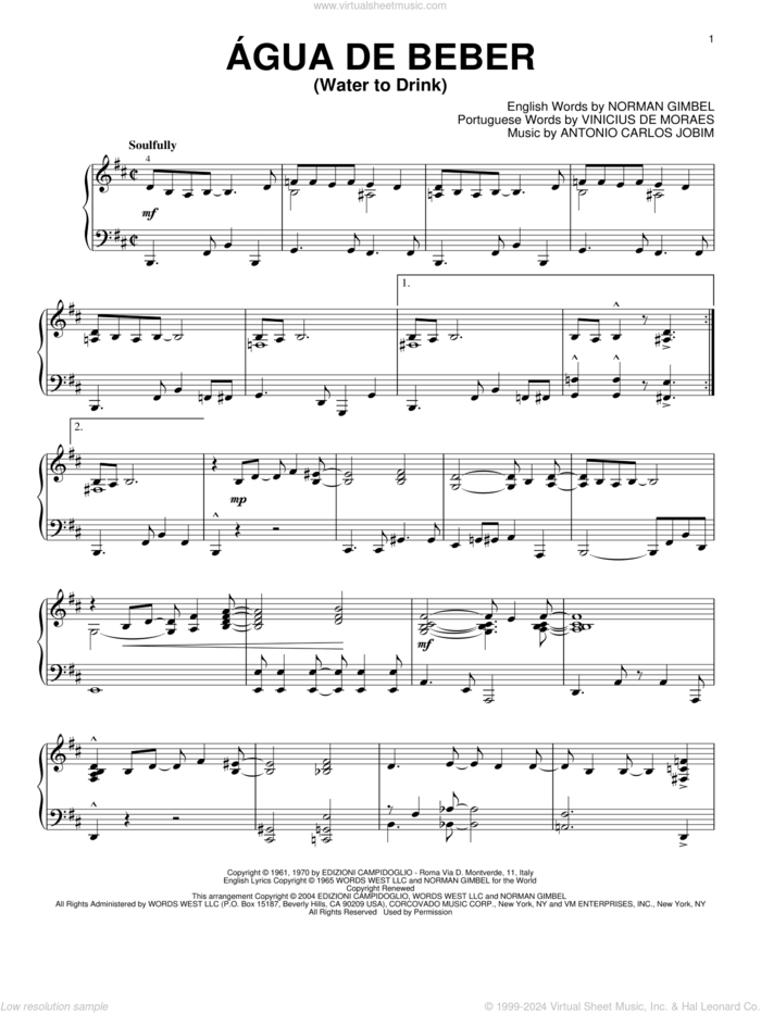 Agua De Beber (Water To Drink) sheet music for piano solo by Antonio Carlos Jobim, Vinicius de Moraes and Norman Gimbel, intermediate skill level