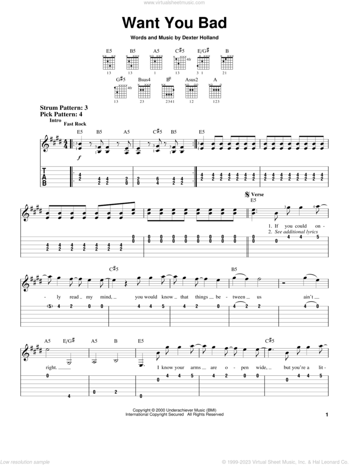 Want You Bad sheet music for guitar solo (easy tablature) by The Offspring and Dexter Holland, easy guitar (easy tablature)