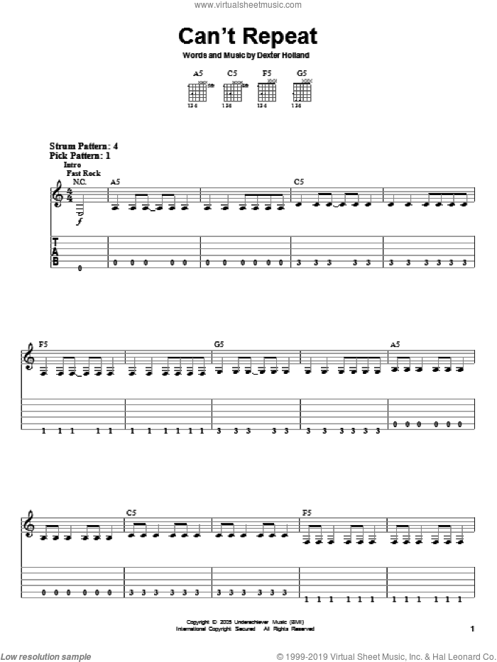 Can't Repeat sheet music for guitar solo (easy tablature) by The Offspring and Dexter Holland, easy guitar (easy tablature)