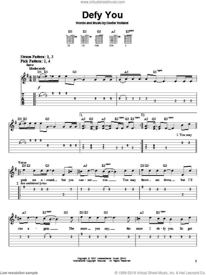 Defy You sheet music for guitar solo (easy tablature) by The Offspring and Dexter Holland, easy guitar (easy tablature)