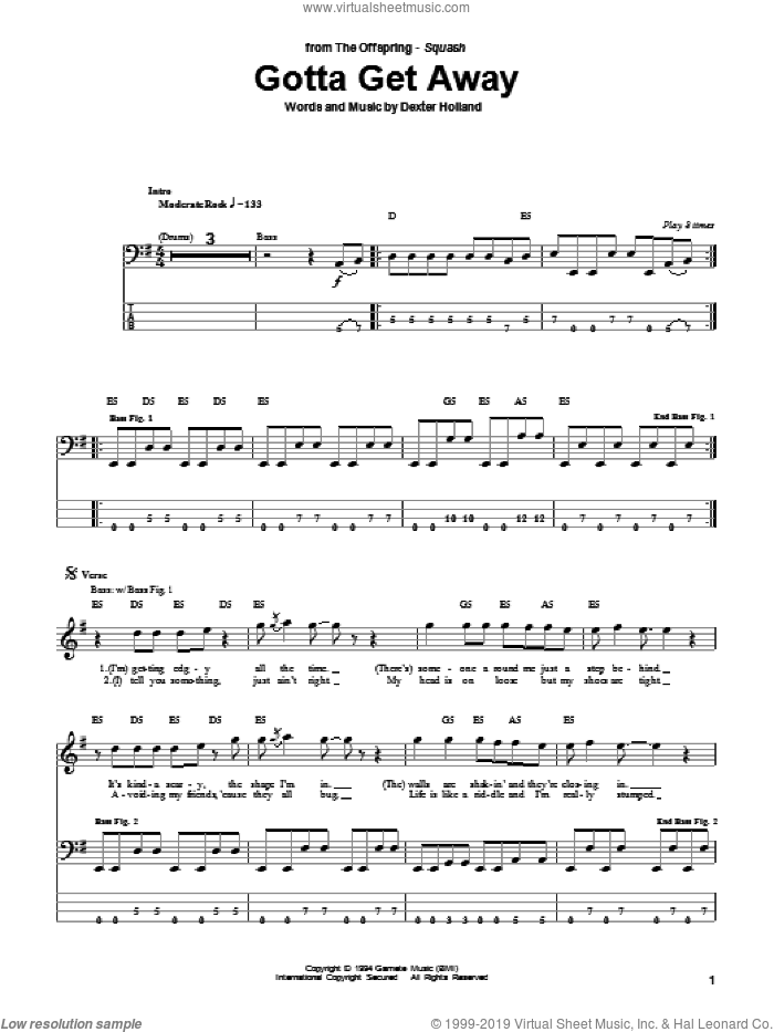 Gotta Get Away sheet music for bass (tablature) (bass guitar) by The Offspring and Dexter Holland, intermediate skill level