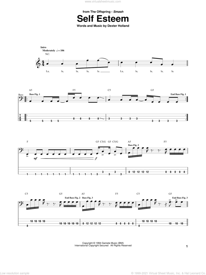 Self Esteem sheet music for bass (tablature) (bass guitar) by The Offspring and Dexter Holland, intermediate skill level