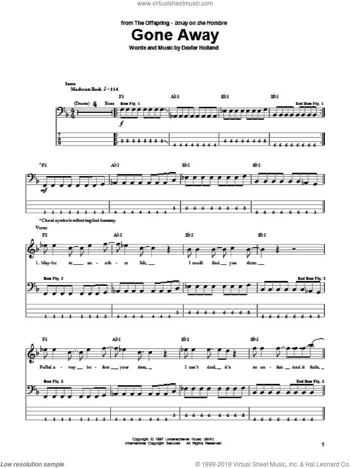 Gone Away sheet music for bass (tablature) (bass guitar) by The Offspring and Dexter Holland, intermediate skill level