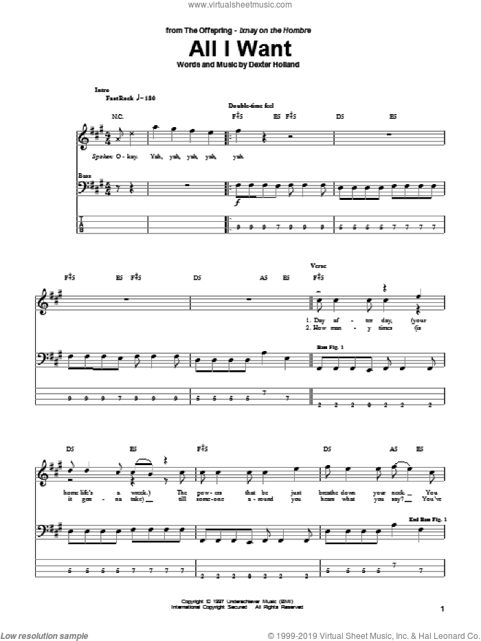 All I Want sheet music for bass (tablature) (bass guitar) by The Offspring and Dexter Holland, intermediate skill level
