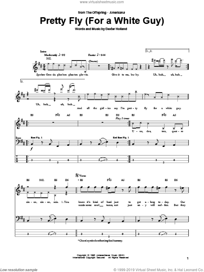 Pretty Fly (For A White Guy) sheet music for bass (tablature) (bass guitar) by The Offspring and Dexter Holland, intermediate skill level
