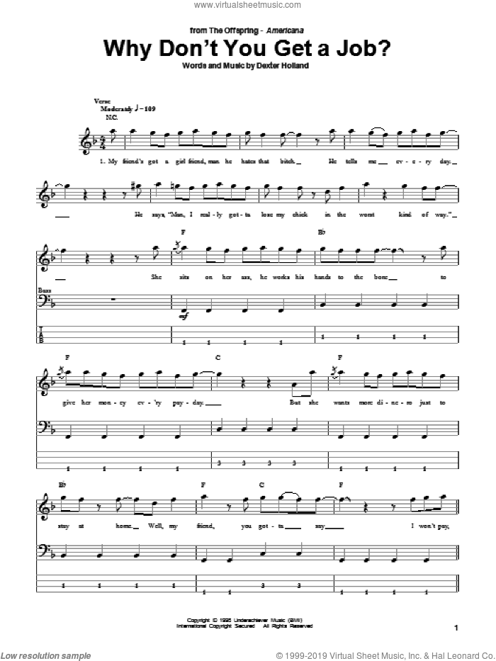 Why Don't You Get A Job? sheet music for bass (tablature) (bass guitar) by The Offspring and Dexter Holland, intermediate skill level